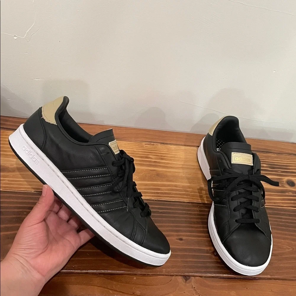 adidas Neo Grand Court Black Gold Men’s Leather Sneakers Size 9.5